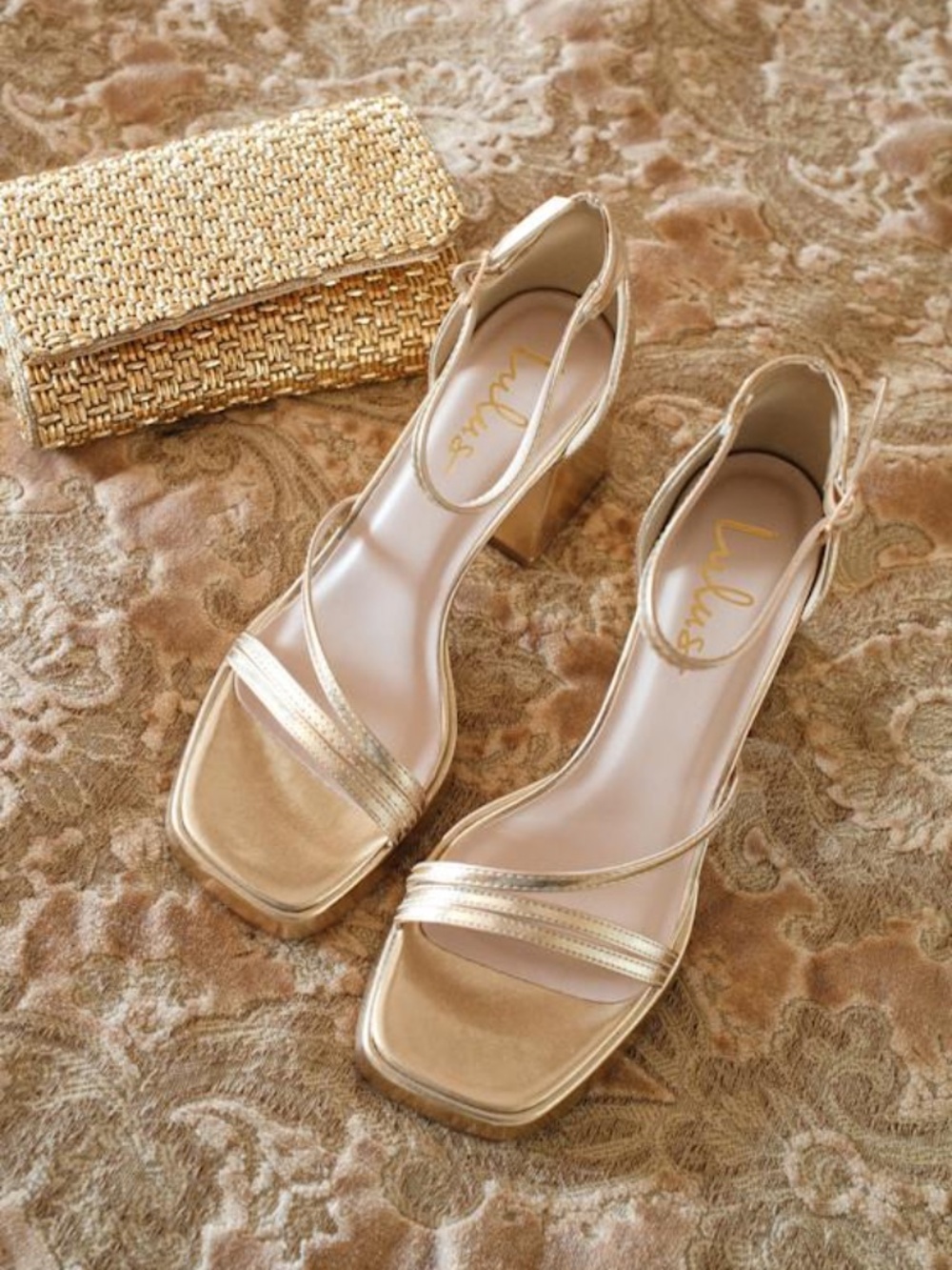Lulus Antinea Gold Metallic Platform Ankle Strap High Heel Sandals - Size 8